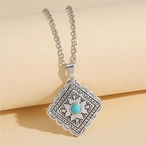 Turquoise Decor Scallop Trim Square Charm Necklace